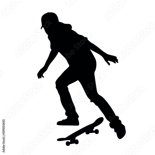 A man is riding a skateboard. He is wearing a hat and a hoodie. He is holding his hand out