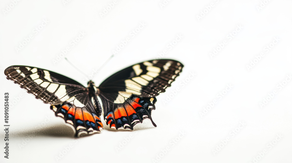 Obraz premium Vibrant butterfly with striking red and black wings on a pristine white background, showcasing its colorful beauty.