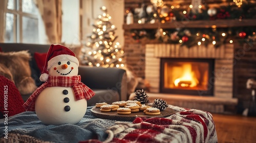 A whimsical living room with a snowman decoration, Christmas cookies on a table, and a crackling fireplace -