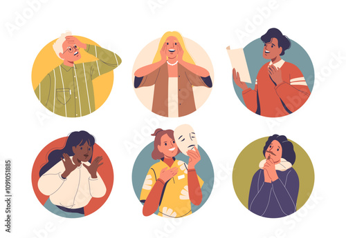 Talented skilled people theatre artists cartoon characters playing role isolated round composition