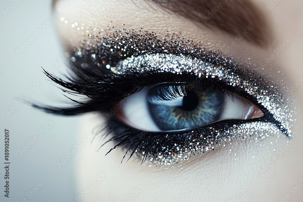 Obraz premium Detailed Close-up Portrait of Glitter-encrusted Black Eyeshadow and Dramatic Eyelash Extension