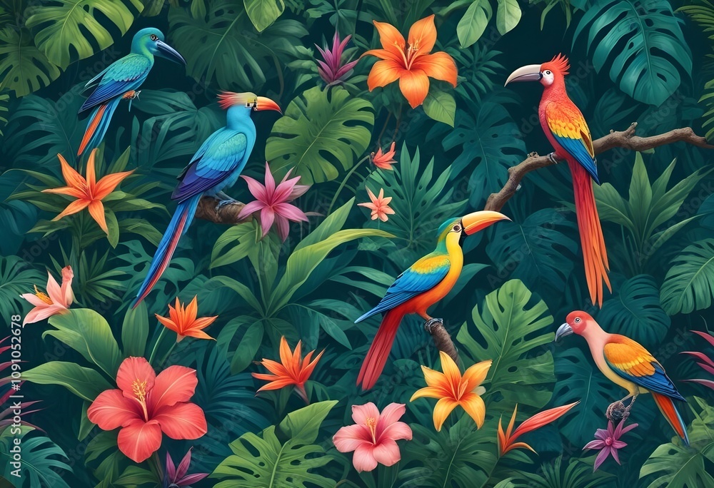 Tropical exotic pattern with animal and flowers in bright colors and lush vegetationn Tropical exotic pattern with animal and flowers in bright colors and lush vegetationn