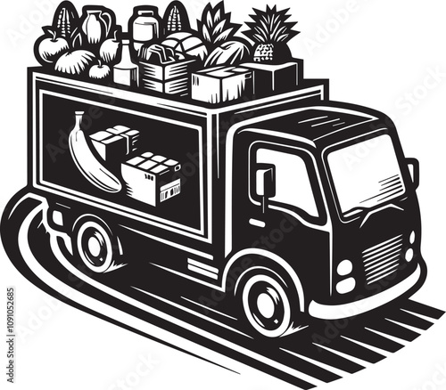 A stylized graphic of a grocery delivery van. A black and white, stylized illustration of a delivery van loaded with groceries.