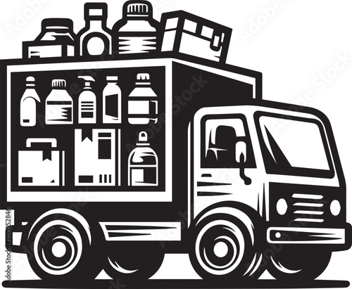 A stylized graphic of a grocery delivery van. A black and white, stylized illustration of a delivery van loaded with groceries.