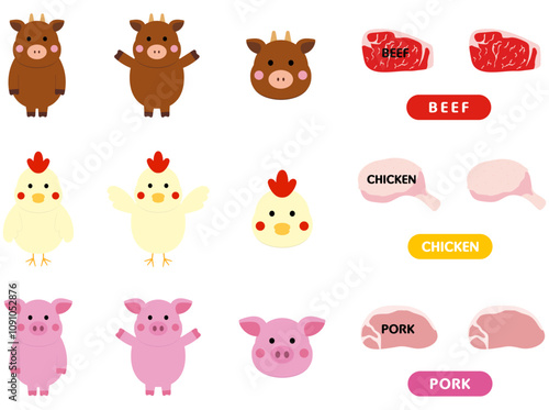 かわいい牛鶏豚のイラストセット