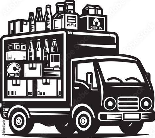 A stylized graphic of a grocery delivery van. A black and white, stylized illustration of a delivery van loaded with groceries.