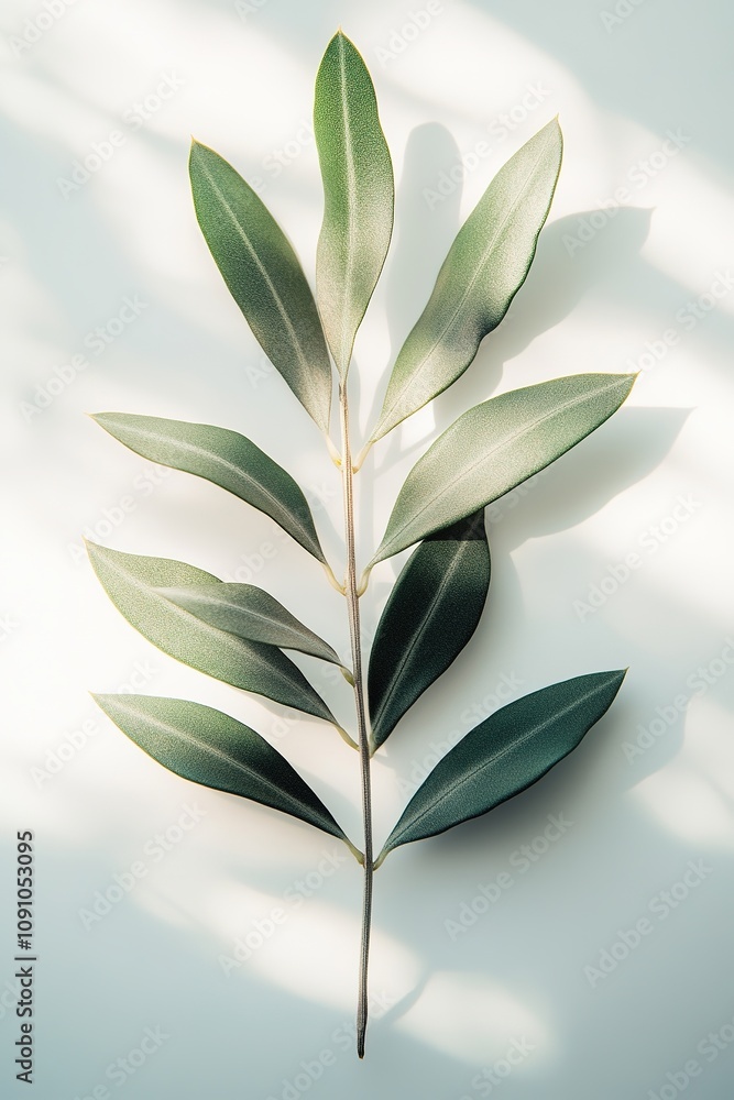 Obraz premium Olive branch on white with shadows, minimalism
