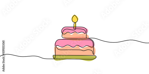 Continuous one line drawing of birthday cake with candle. Symbol of sweet celebration torte and pastry confectionery icon concept in simple linear style. Editable stroke. Doodle vector illustration