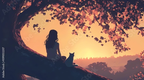 A young girl sitting peacefully on a sturdy tree branch, her back leaning against the trunk as she gazes out over the landscape, with a contented cat curled up beside her, bathed in the soft glow