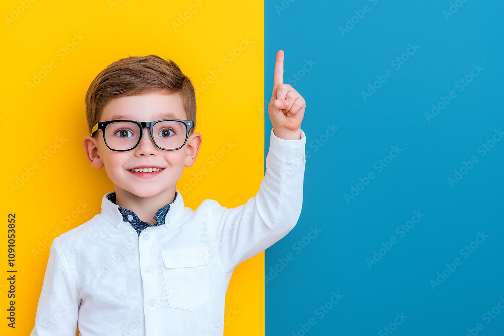 cheerful schoolboy wearing glasses points upward against vibrant yellow and blue background, expressing curiosity and enthusiasm cheerful schoolboy wearing glasses points upward against vibrant yellow and blue background, expressing curiosity and enthusiasm
