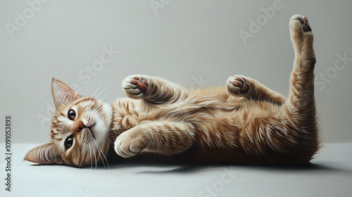 Cute orange cat playfully lying on its back, showcasing its playful and relaxed personality in a studio setting. photo