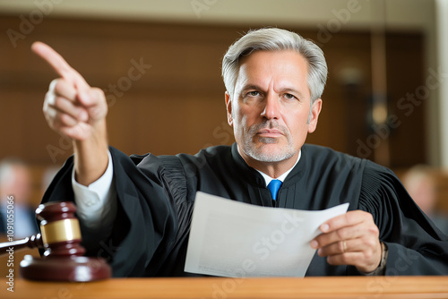 court judge reading paper and pointing with wooden gavel nearby, conveying authority
