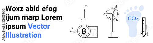 Blockchain symbol, wind turbine, and CO2 footprint gauge. Ideal for sustainable technology, blockchain, green energy, carbon footprint awareness, digital finance, environmental impact, educational