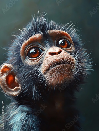 A young monkey gazes thoughtfully with expressive eyes, capturing the essence of curiosity and innocence. photo