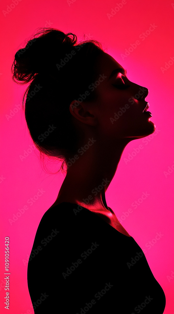 Fototapeta premium Woman silhouetted against vibrant pink background poses with hair in bun, eyes closed, during a photoshoot