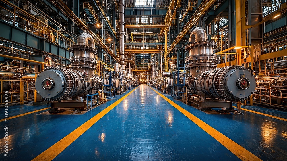 Obraz premium Industrial facility interior with complex machinery and vibrant yellow and blue color scheme. A long perspective showcases the scale and intricate details of the equipment.