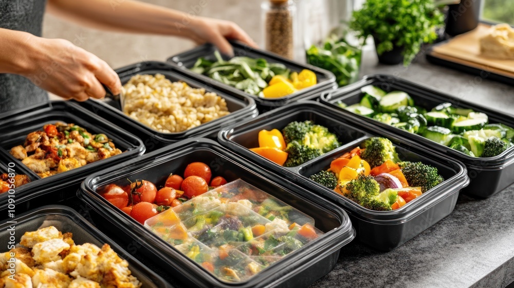 Obraz premium A variety of meal prep containers filled with healthy foods for organized eating.