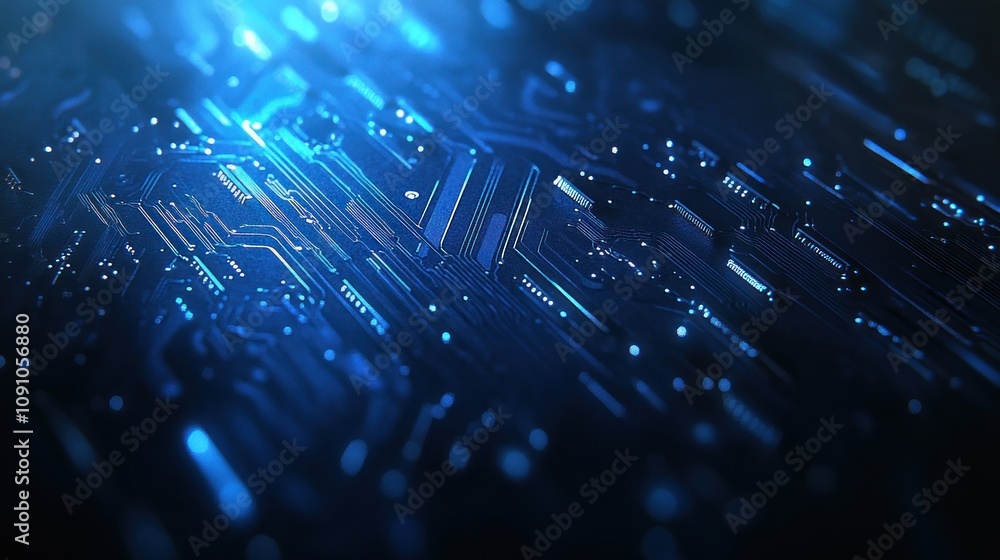 Fototapeta premium Abstract representation of a circuit board with blue lighting effects.