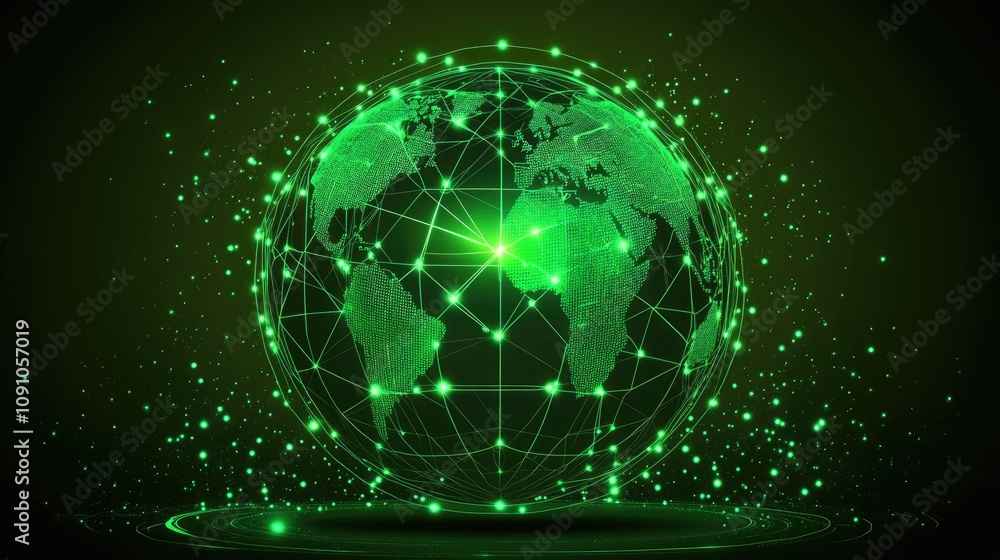 Obraz premium Globe with neon grid overlay, holographic style, connecting lights in green and cyan, dark backdrop, high-resolution illustration