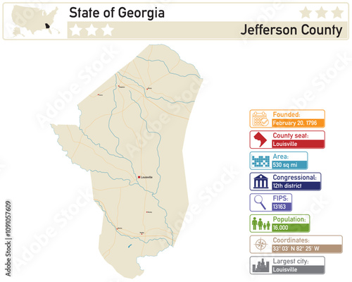 Detailed infographic and map of Jefferson County in Georgia USA.