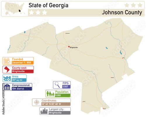 Detailed infographic and map of Johnson County in Georgia USA.