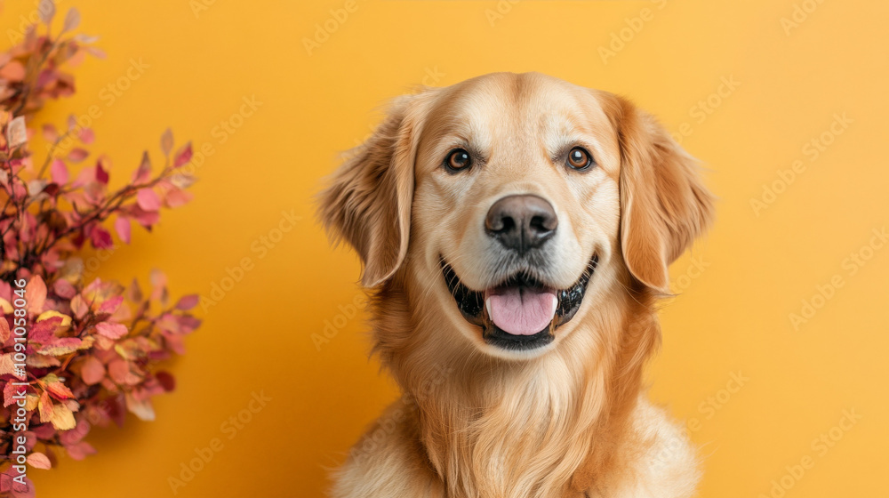 Golden Retriever Portrait: A heartwarming portrait of a golden retriever, its playful spirit and gentle gaze captured against a vibrant yellow backdrop. This image evokes warmth, joy. Golden Retriever Portrait: A heartwarming portrait of a golden retriever, its playful spirit and gentle gaze captured against a vibrant yellow backdrop. This image evokes warmth, joy.