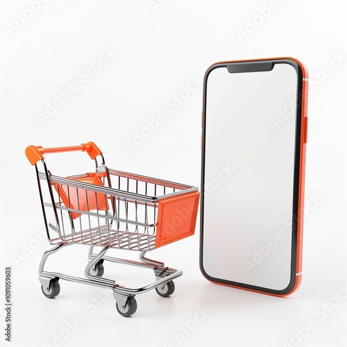 3D illustration of a miniature shopping cart and a smartphone, representing online shopping, e-commerce, and digital retail technology