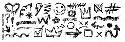 Hand drawn brush elements, abstract scribbles, underline, arrows, wavy lines, king crown and smiles. Set of doodle black grunge stroke squares, lightning bolt, rough marks, checkmark in graffiti style