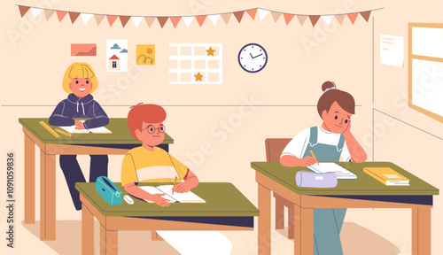 Little primary students enjoying educational process or writing exam at school lesson cartoon scene