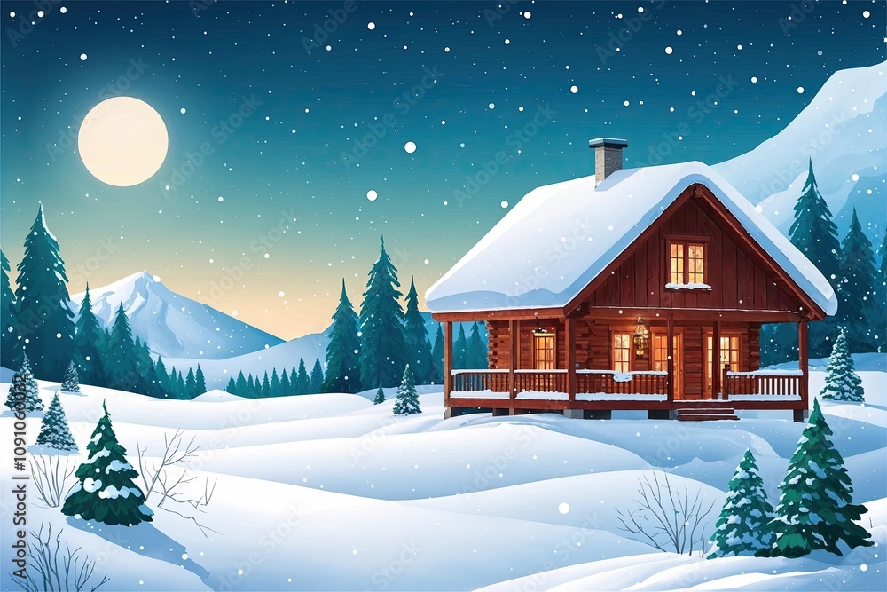 Fototapeta premium Winter Cabin Illustration in Serene Snowy Landscape Art