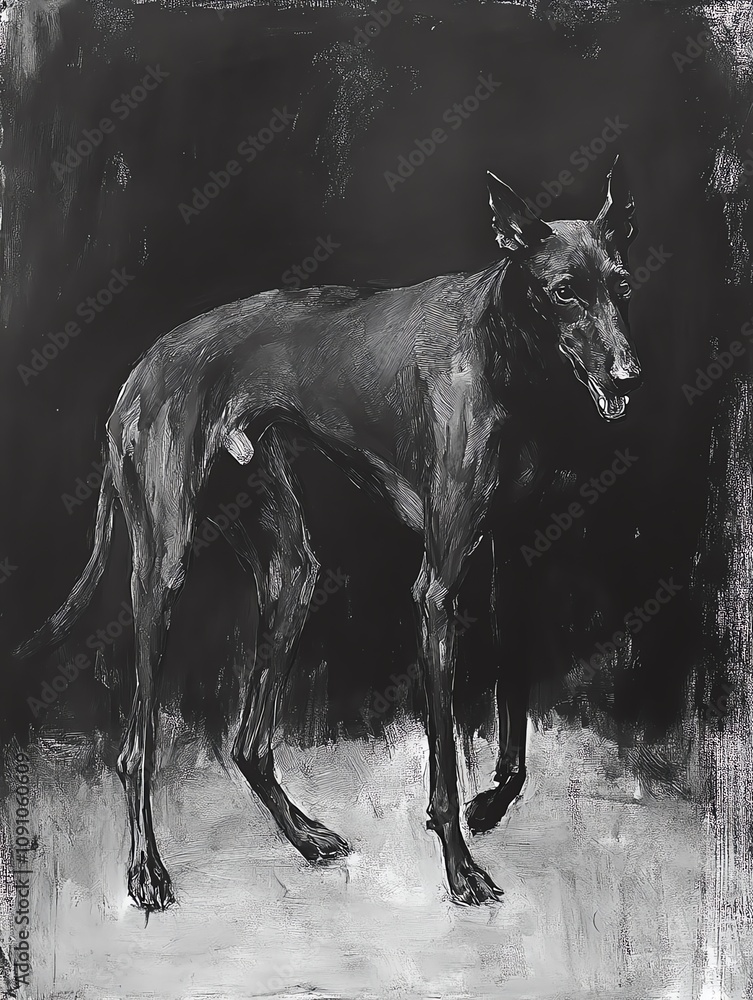 Obraz premium A striking monochrome portrait of a standing black dog, capturing its majestic presence and expressive features.