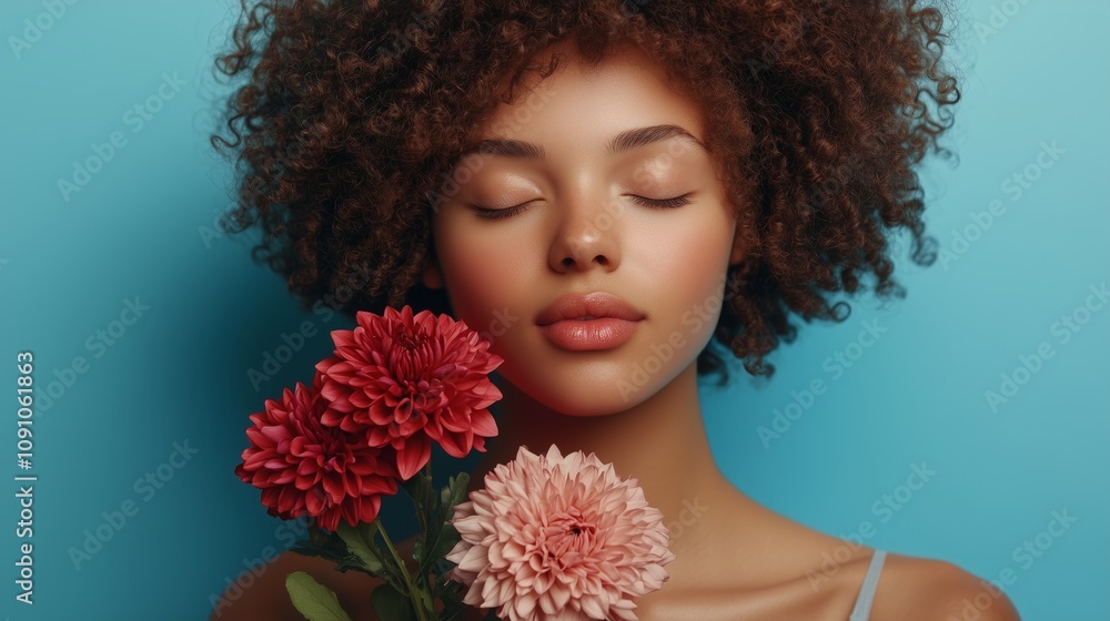 Naklejka premium woman holding flowers in her hand, with curly hair and closed eyes against the background of blue color