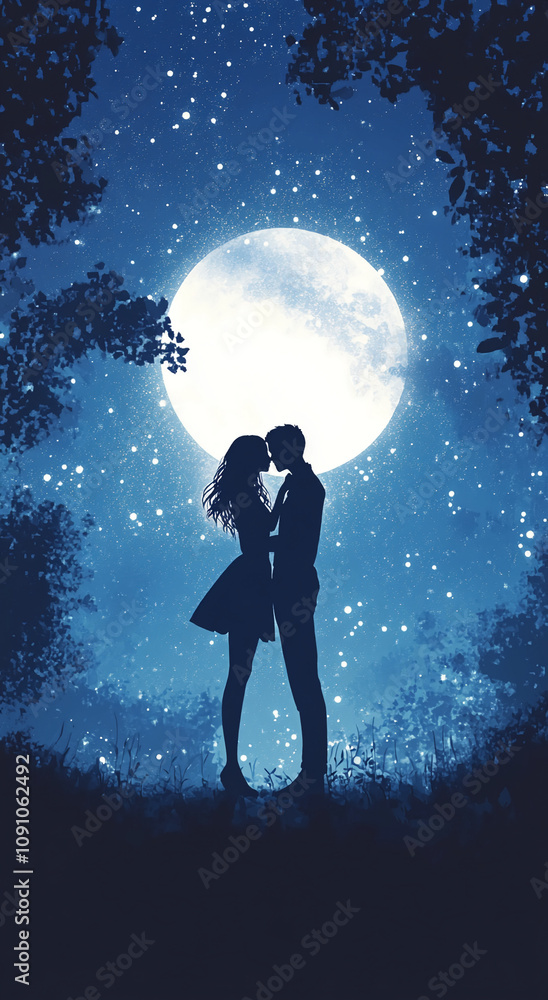 Obraz premium Romantic couple embraces under a luminous full moon and starry night sky
