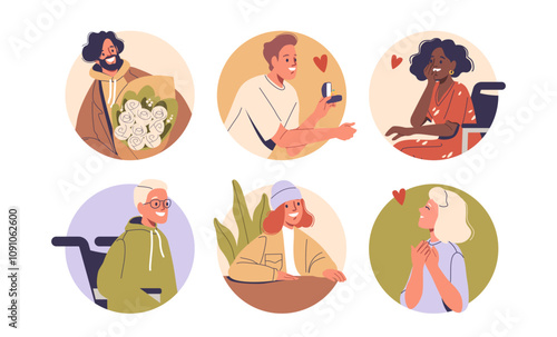 Diverse happy people cartoon characters in love feeling different emotions round composition set