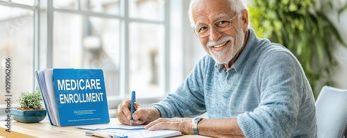 Smiling older man writing notes beside a Medicare guide, well-lit desk,  