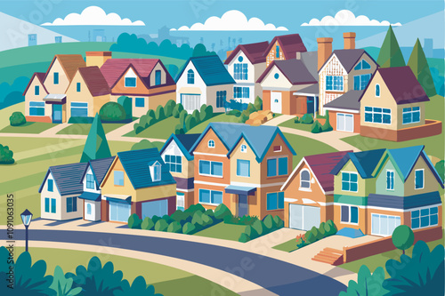 A cartoon of a diverse residential neighborhood on a hill with various houses, gardens, and trees. Peaceful and serene with clean roads and a distant cityscape.