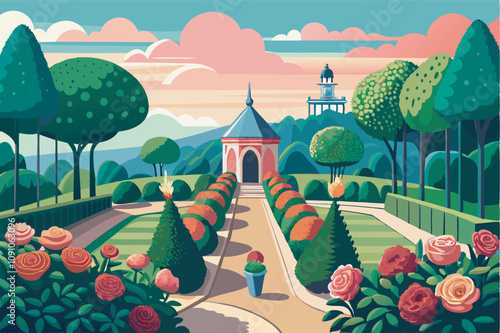 Digital illustration of a sunset garden with a path leading to a blue-roofed pavilion. Red roses, trees, and topiaries line the pathway, surrounded by a serene sky gradient.