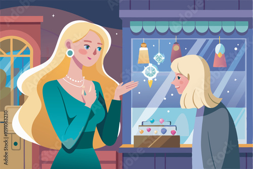 Two women in a jewelry store at night. One shows a necklace, the other a customer. Bright interior with colorful jewelry. Night scene adds intimacy.