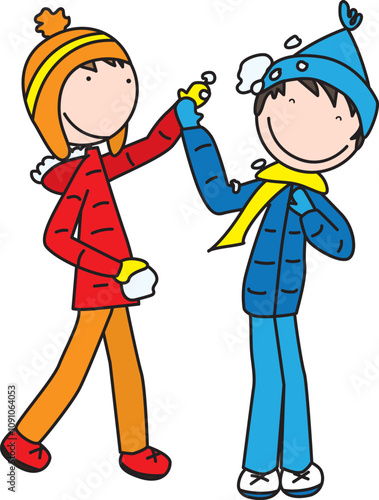 Cartoon illustration of two kids enjoying a snowball fight