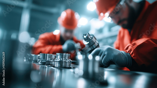 Wallpaper Mural Industrial employees conducting safety checks on machinery, wearing protective gear and helmets, ensuring quality and safety in manufacturing environment. Torontodigital.ca