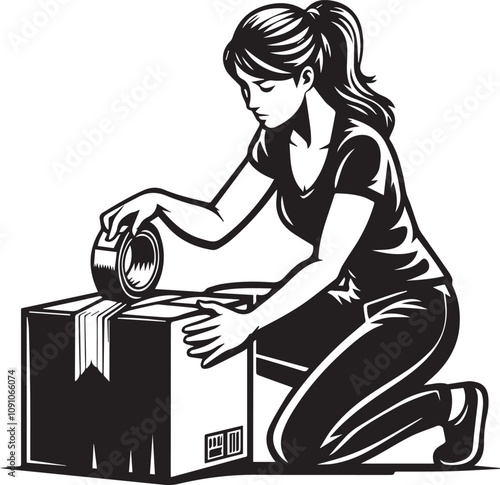 Man Secures Cardboard Box with Packing Tape. A black and white illustration of a person in business attire meticulously sealing a cardboard box with packing tape.