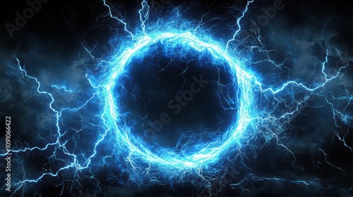 Electric Blue Plasma Ring Abstract Background with Energy Lightning Bolts