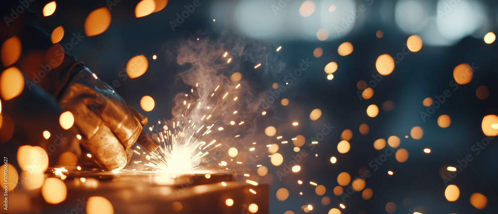 Obraz premium Technician welding metal parts, creating sparks and smoke in factory. scene captures intensity and focus of work, surrounded by glowing sparks. Industrial workers in a factory and teamwork concept.