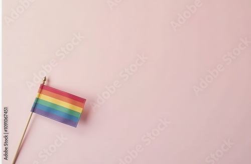 LGBT pride flag on pink background with copy space, flat lay. photo