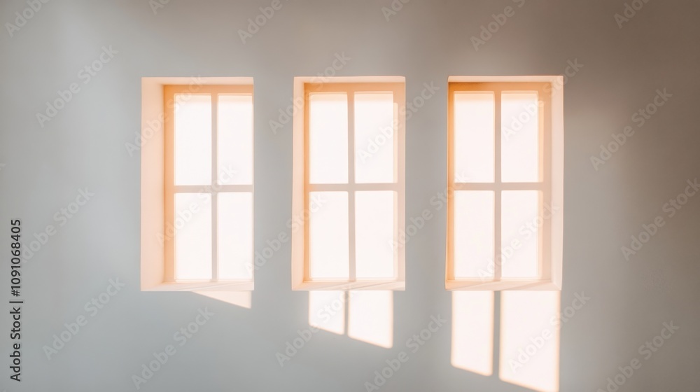 Three windows casting soft light on a wall, creating a serene atmosphere. Three windows casting soft light on a wall, creating a serene atmosphere.