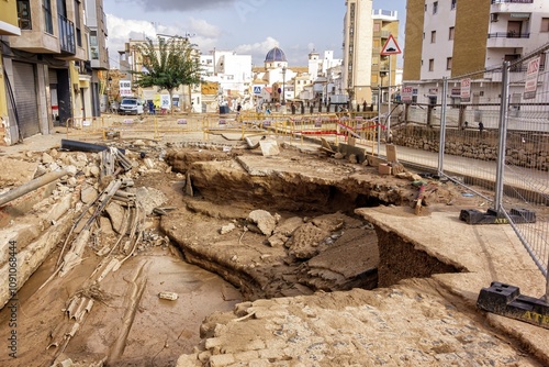 Sinkhole in a street in the Valencian town of Chiva due to the flooding in the Poyo ravine caused by the intense rains of the Dana on the Valencian community