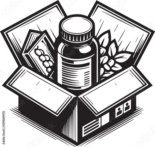 Open Box Filled with Supplements and Other Items. A stylized illustration of an open box overflowing with various items, including a supplement bottle, pills/capsules, and possible herbs.