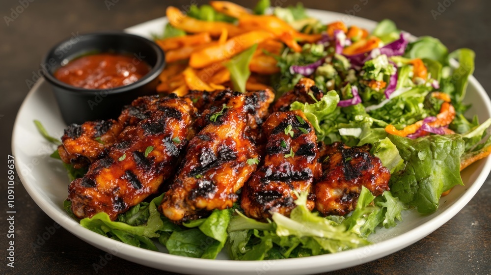 Fototapeta premium Grilled chicken wings served on a bed of greens with a side of sweet potato fries and salsa.