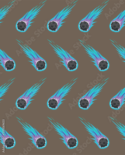 Seamless pattern with space meteors, comets and asteroids with fire trails 