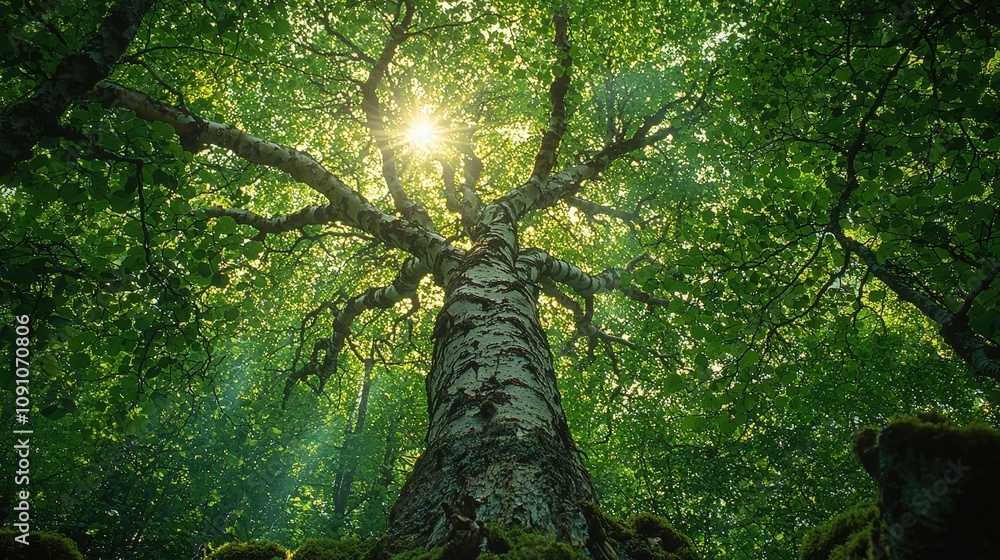 Fototapeta premium Majestic birch tree in sunlit forest canopy with lush green foliage